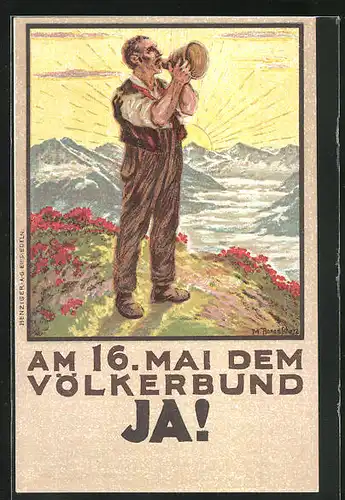 Künstler-AK Schweiz, Alpsegen von M. Annen, Eidgenössische Volksabstimmung zum Völkerbundbeitritt am 16. Mai