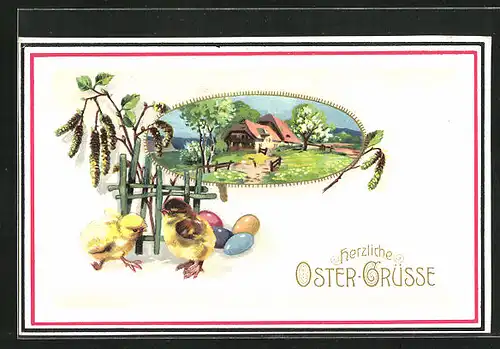 AK Herzliche Ostergrüsse, Osterküken mit Ostereiern