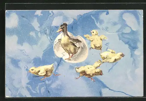 Präge-AK Osterküken fliehen vor einem Schlupf