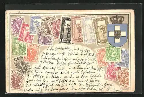 AK Briefmarken aus Griechenland mit Wappen