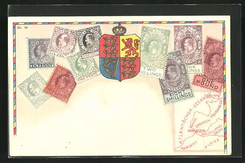AK Briefmarken von Gibraltar mit Wappen