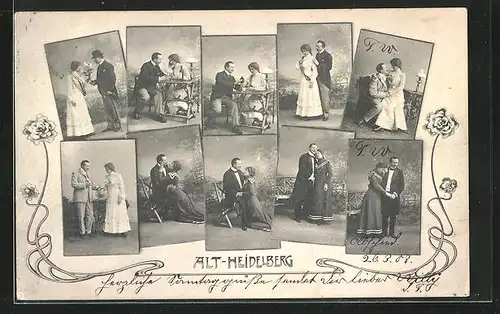 AK Alt-Heidelberg, Zehn verschiedene Bilder von Liebespärchen, Ansichtskartengeschichte