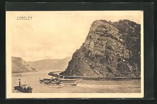 AK Loreley, Dampfer auf dem Rhein mit Blick zur Loreley