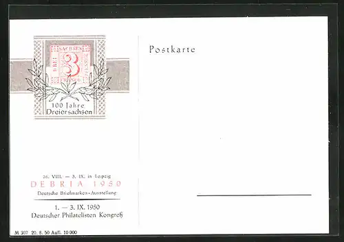 AK Leipzig, 100 Jahre Dreiersachsen, Deutsche Briefmarken-Ausstellung 1950