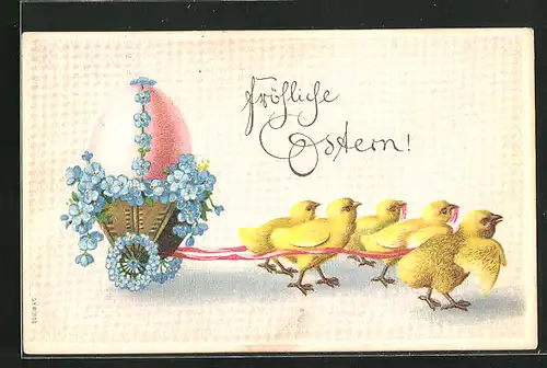 Präge-AK Fröhliche Ostern, Osterküken ziehen ein Osterei