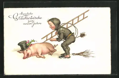 AK Schornsteinfeger mit Leiter und Glücksschwein