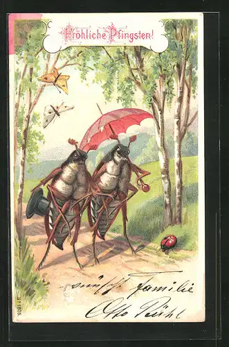 Präge-AK Maikäfer-Paar mit Schirm und Zylinder in Begleitung mir Schmetterlingen
