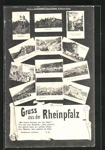 AK Zwölf Ansichten aus der Rheinpfalz mit Spruch, Ansichtskartengeschichte