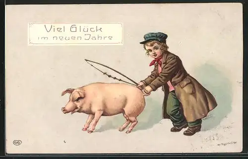 Künstler-AK Junge mit Gerte und Schwein grüsst zum neuen Jahr