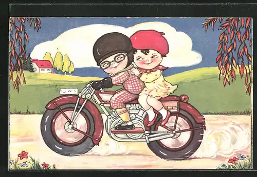 Künstler-AK Kinderpaar sitzt auf einem Motorrad