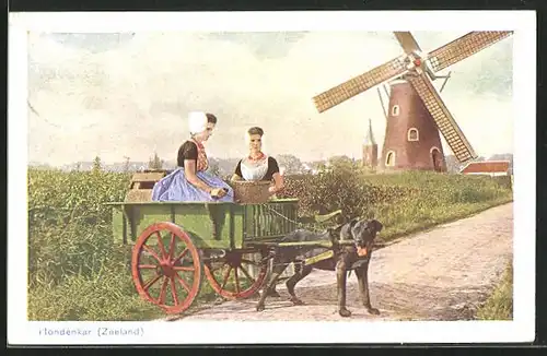 Künstler-AK Hundegespann, Frauen im Karren vor der Windmühle