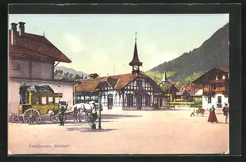 AK Zweisimmen, Kutsche am Bahnhof