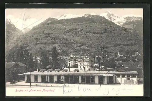 AK Buchs, Partie im Bahnhof, Blick zum Alvier und Margelkopf