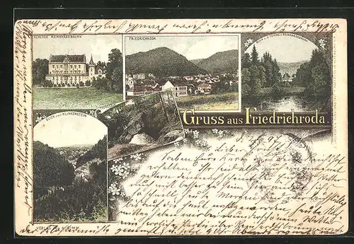 Lithographie Friedrichroda, Schloss Reinhardsbrunn, Partie im Thorstein, Totalansicht vom Ort