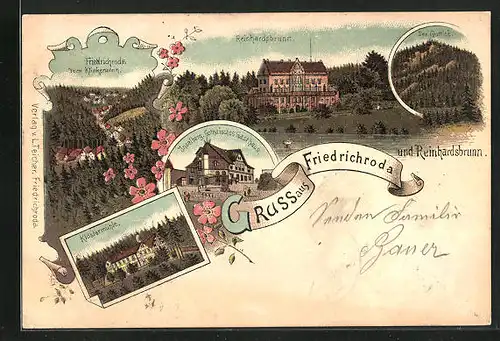 Lithographie Friedrichroda, Gasthaus Inselberg Gothaisch, Reinhardsbrunn, Klostermühle