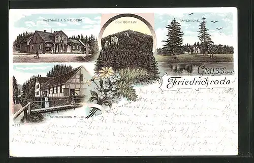 Lithographie Friedrichroda, Gasthaus a. d. Heuberg, Schauenburg-Mühle, Tanzbuche mit Gebäudeansicht