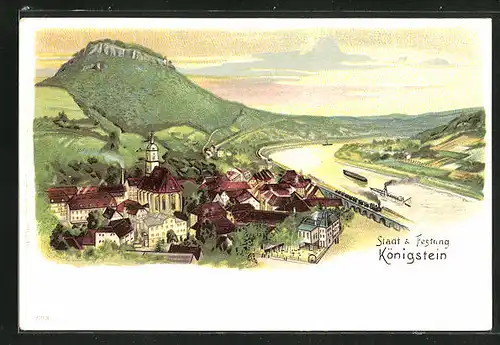 Lithographie Königstein, Festung mit Ortsansicht und Dampfer