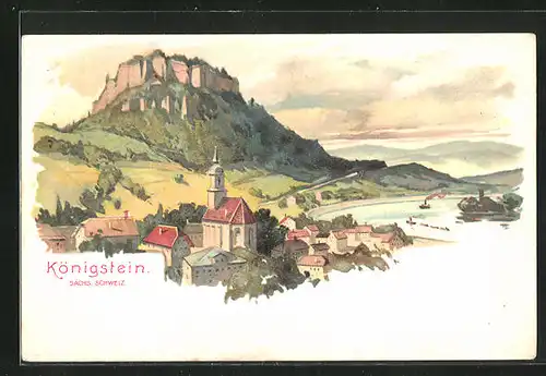 Lithographie Königstein, Totalansicht vom Ort mit Dampfer