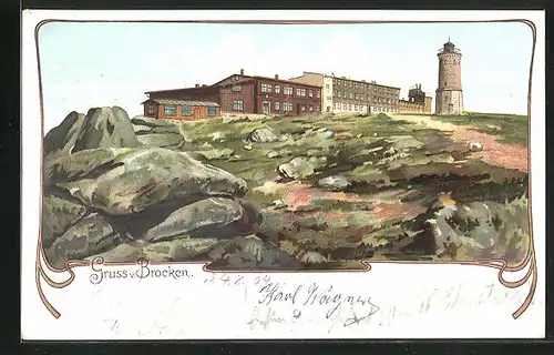 Lithographie Brocken, Hotel mit Aussichtsturm