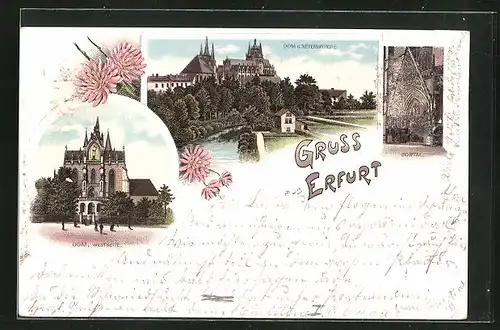 Lithographie Erfurt, Dom von der Westseite, Severikirche mit Dom, Portal