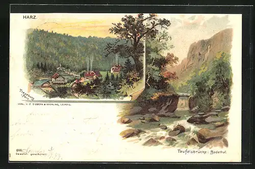 Lithographie Treseburg / Harz, Teufelsbrücke mit Bodetal, Ortsansicht im Dämmerungslicht