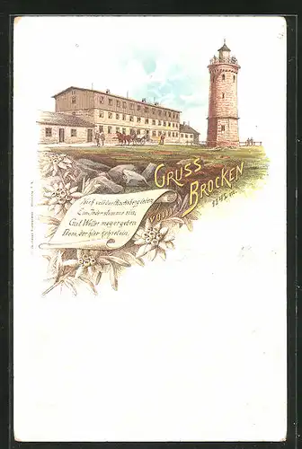Lithographie Brocken, Hotel mit Aussichtsturm