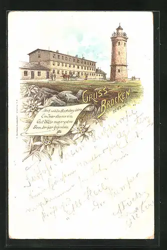 Vorläufer-Lithographie Brocken, 1894, Hotel mit Aussichtsturm