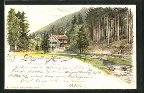 Lithographie Eisenach, im Lauchagrund mit der Massenmühle