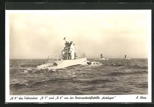 AK U-Boote U 9, U 7 und U 8 von der Unterseebootflottille Weddigen auf hoher See