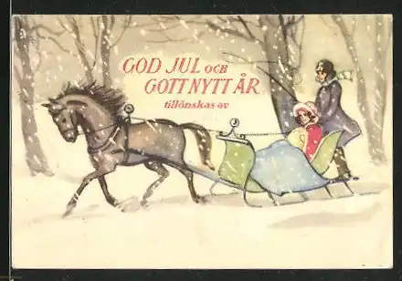 Mini-AK Weihnachtsgruss mit Pferdeschlitten im Winterwald