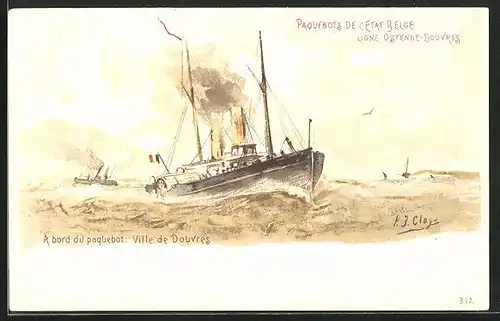 Künstler-AK Paquebot de l`Etat Belge, A bord: Ville de Douvres, Ganzsache, Passagierschiff