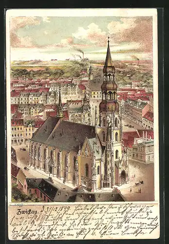 Lithographie Zwickau, Blick zur Kirche