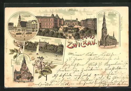 Lithographie Zwickau, Hauptmarkt, Schwanenteich, Marienkirche