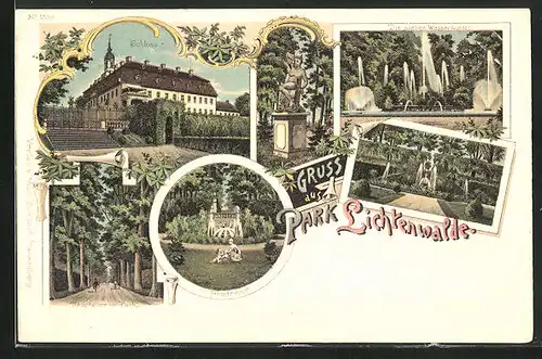 Lithographie Lichtenwalde, Park, Schloss, Die sieben Wasserkünste, Freitreppe