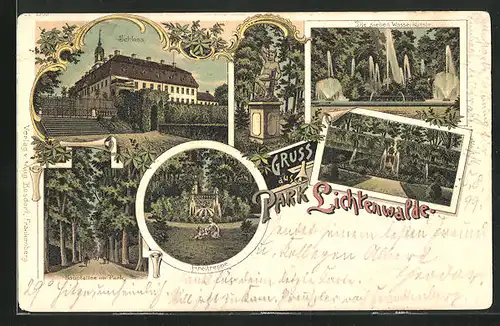 Lithographie Lichtenwalde, Park, Schloss, Die sieben Wasserkünste, Freitreppe