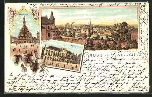 Lithographie Zwickau i / S., Gewandhaus, Rathaus, Teilansicht