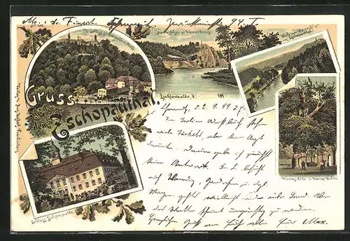 Lithographie Niederwiesa, Schloss Lichtenwalde mit Mühle, Harras-Eiche und Harras-Denkmal, Harrasfelsen mit Körnerkreuz