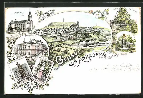 Lithographie Annaberg im Erzgebirge, Hauptkirche, Stadt-Theater, Luther-Denkmal