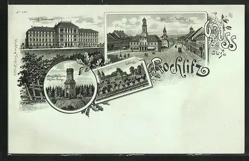 Mondschein-Lithographie Rochlitz, Schloss, Königliches Seminar, Markt mit Rathaus