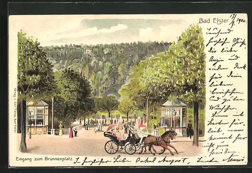 Lithographie Bad Elster, Eingang zum Brunnenplatz mit Pferdewagen