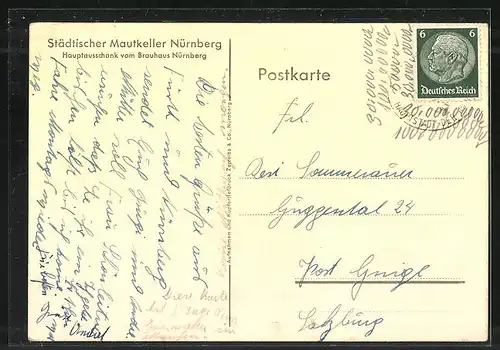 AK Nürnberg, Gasthaus Städtischer Mautkeller, Innenansicht