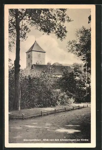 AK Grevesmühlen, Blick von den Alleenanlagen zur Kirche