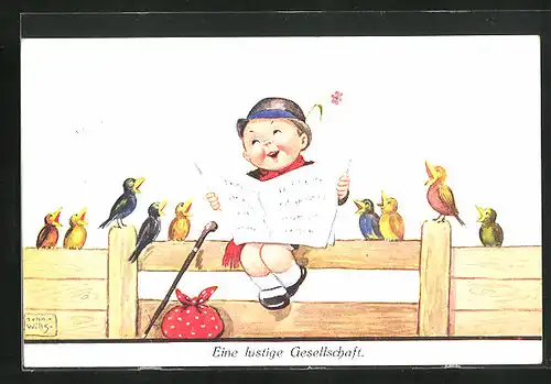 Künstler-AK John Wills: Eine lustige Gesellschaft, Junge mit Noten neben Vögeln auf Zaun sitzend