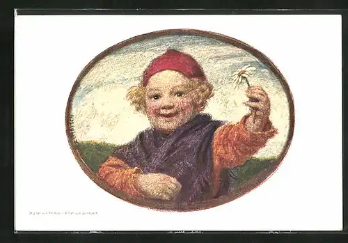 Künstler-AK Ludwig von Zumbusch: München, Margeritentag 1911, Junge mit Gänseblume