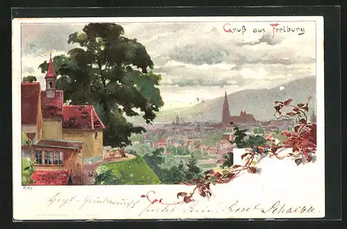 Künstler-AK Heinrich Kley: Freiburg, Teilansicht