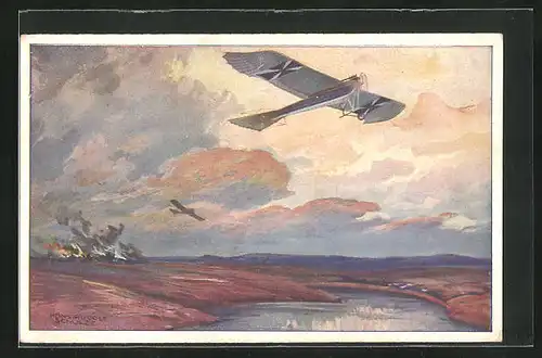Künstler-AK Hans Rudolf Schulze: Militärtaube auf Erkundungsflug bei den Masurischen Seen
