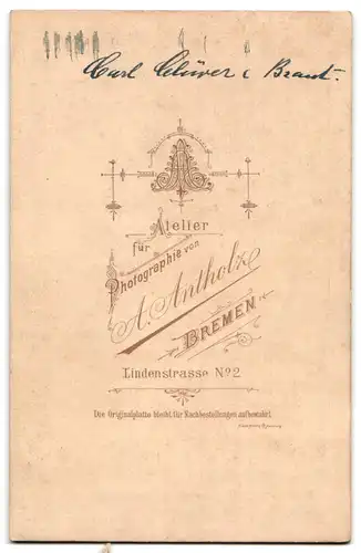 Fotografie A. Antholz, Bremen, Lindenstrasse 2, Portrait bürgerliches Paar in modischer Kleidung