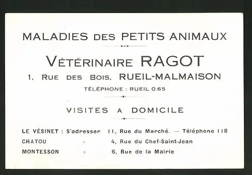 Vertreterkarte Rueil-Malmaison, Maladies des Petits Animaux, Vétérinaire Ragot