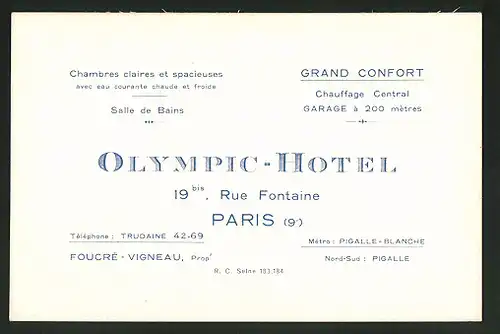 Vertreterkarte Paris, Olympic-Hotel, Chambres claires et spacieuses, Grand Confort