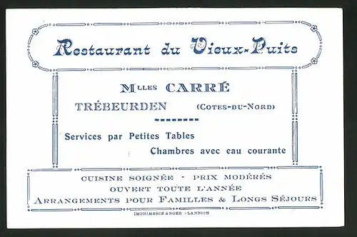 Werbebillet Trébeurden, Mlles Carre, Restaurant di Vieux-puite, Cuisine Soignée